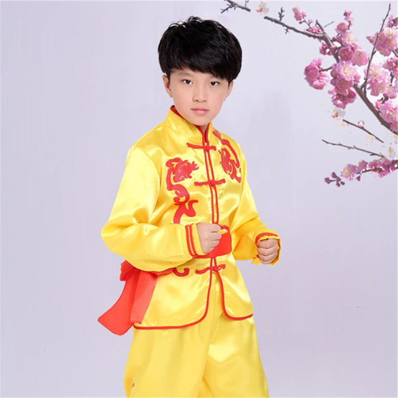 Traditional Chinese Style Kung Fu Wushu Clothing Kids Stage Party Performance Team Dance Wear Hanfu Tai Chi Competition Uniforms - Цвет: Yellow long