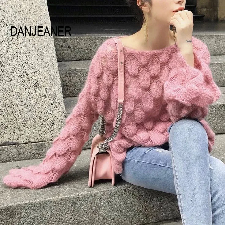 DANJEANER Женский вязаный пуловер с полым вырезом простой свитер круглым и
