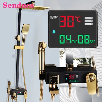 Cheap Senducs Digital Shower System Quality Brass Bathtub Mixer Tap Square Rainfall Shower Head White Gold Thermostatic Shower Set
