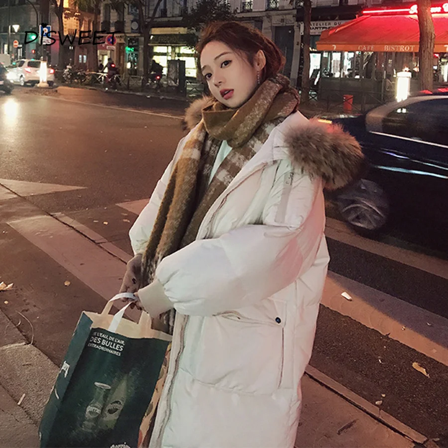 

Winter Fur Collar Hooded Jacket Woman Korean Long-Sleeved Large Pocket Long Coat Female White Slim Plus Size Jacket Women 2019