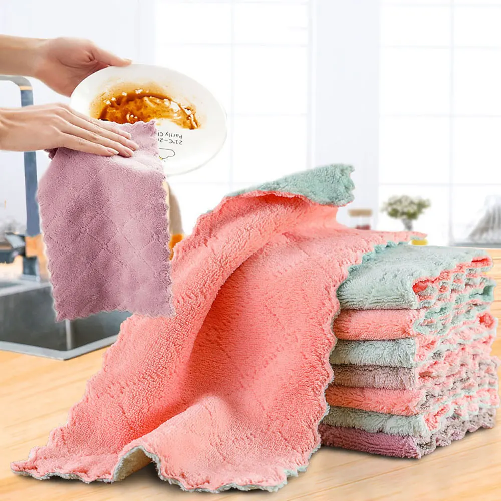 Кухонные полотенца двухслойные абсорбирующие толстые чистящие салфетки Тряпичные салфетки из микрофибры антипригарное масло ткань для мытья посуды кухонная посуда - Цвет: Random