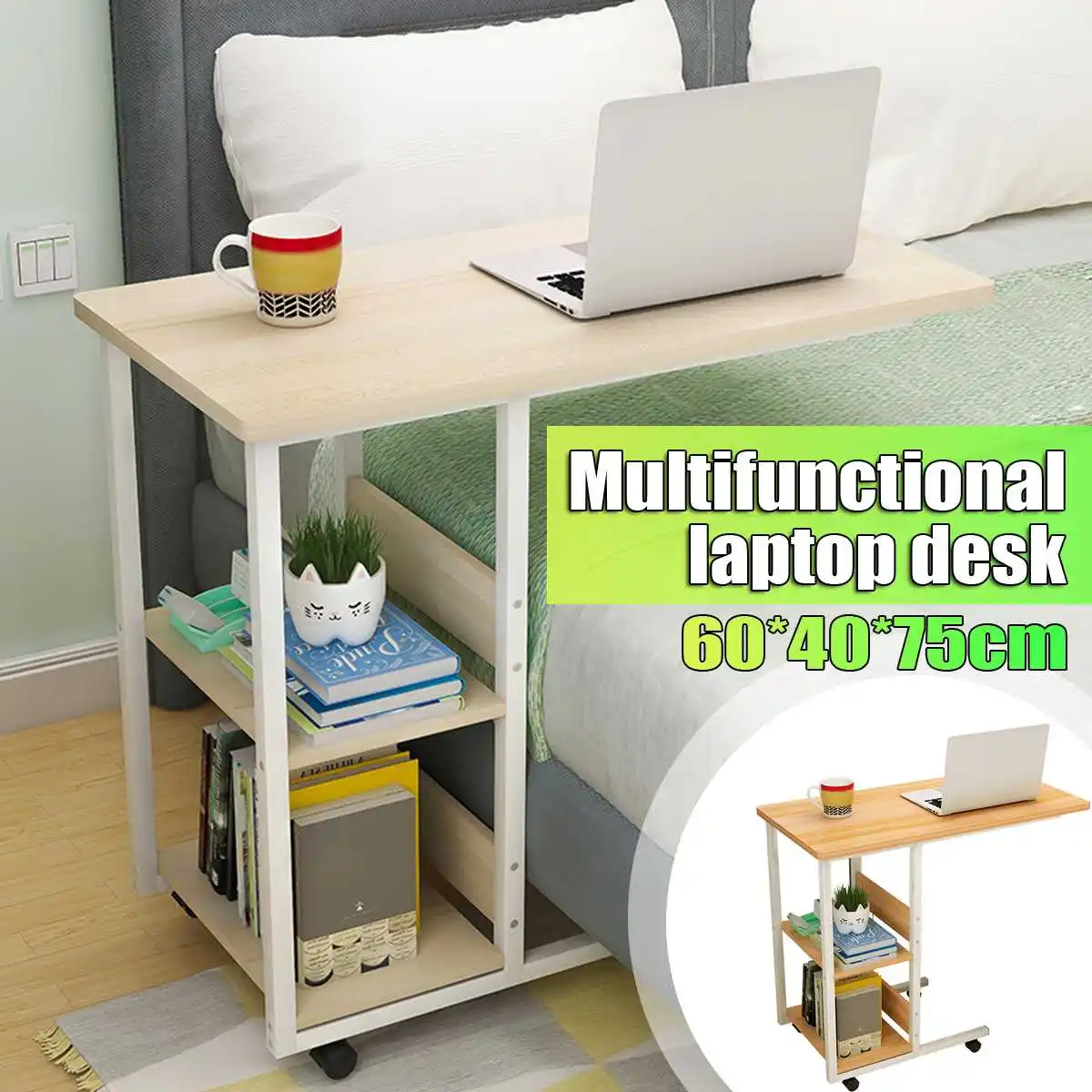 

Multifunctional Computer Table Study Table Computer Stand Movable Bedside Laptop Desk with 2 Tiers Storage Shelves Bookshelf