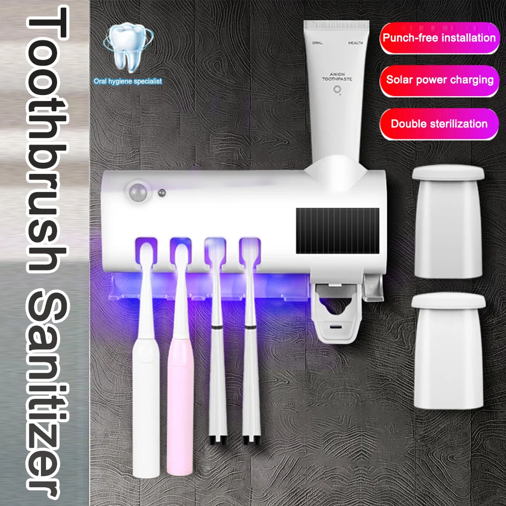 Uv Toothbrush Holder Cleaner Solar Usb Powered Wall Mount Toothbrush Holder Toothpaste Dispenser For Bathroom