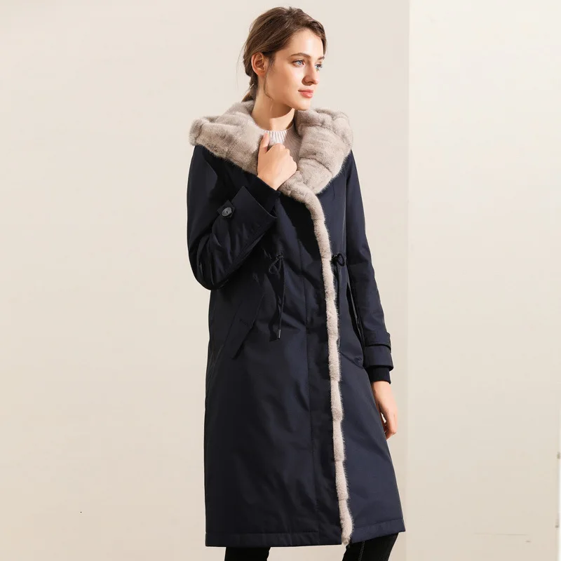 Зимняя куртка женская длинная парка воротник из натурального меха енота с капюшоном зимняя теплая куртка с натуральным кроличьим мехом черная верхняя одежда пальто - Цвет: Тёмно-синий