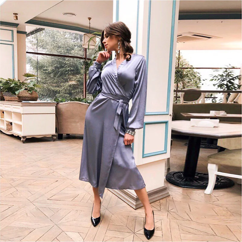

Women Bandage Sexy Bright High Split Party Dress Ladies Long Sleeve v Neck Elegant 2020 New Spring Fashion Bohe Midi Dress