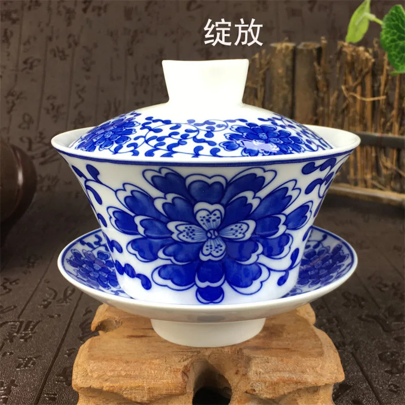 Blooming Sancai gaiwan Цзиндэчжэнь фарфор 200 мл восемь сокровища чайная чаша китайский синий и белый фарфор чайная чашка и блюдце набор - Цвет: Blooming