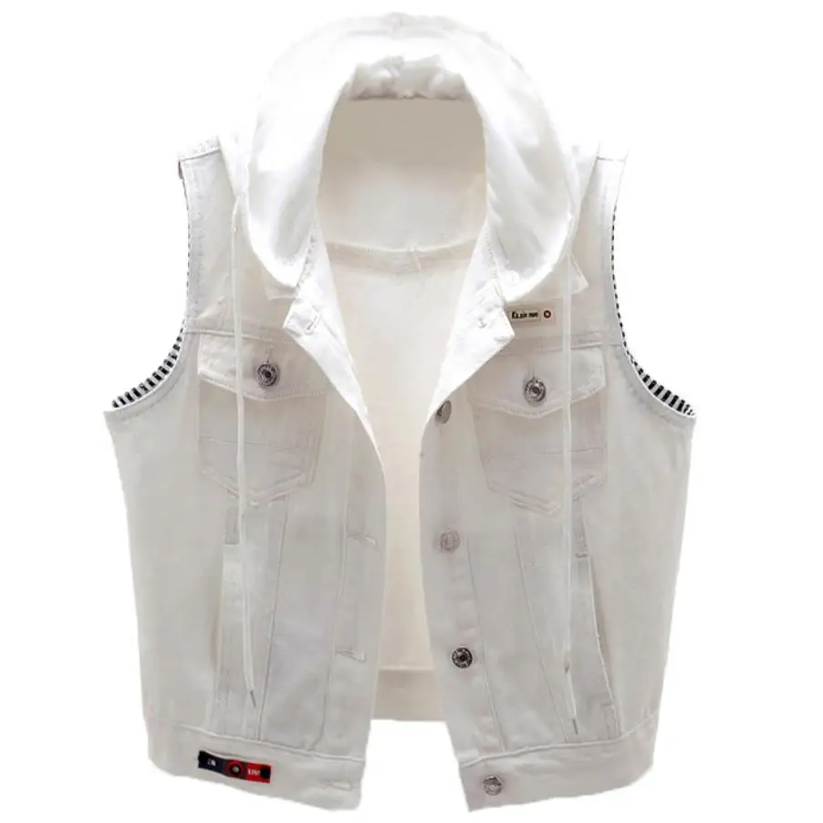 

plus size 5XL!White Hooded Denim Women's Vest Autumn Veste Femme Casual Short Sleeveless Jeans Jackets Coats Single-breasted