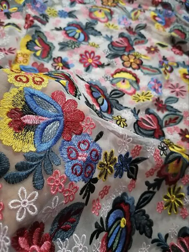 Nicely multicolor thread flat embroidery French mesh bottom embroidery African lace ethnic style is high-end dress evening dress