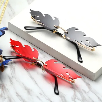 

EBORT Fashion Fire Flame Sunglasses Women Men Rimless Wave Sun Glasses UV 400 Eyewear Luxury Trending Narrow Sunglasses