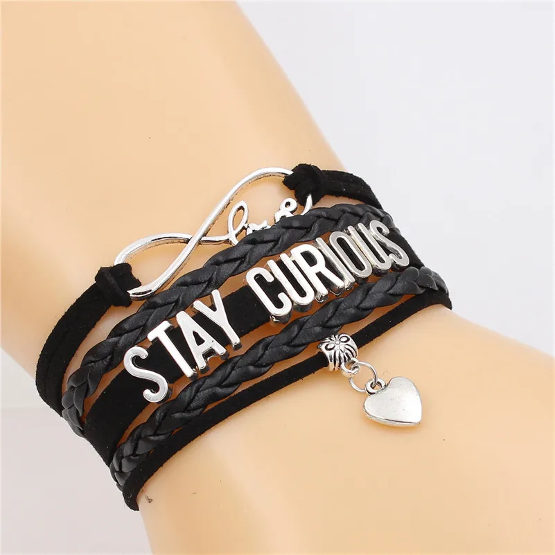 12PCS/Lot STAY CURIOUS Infinity Love Cute Heart Charm Multi-layer Bracelet Handmade Leather Bracelets PUNK Jewelry for Men&Women