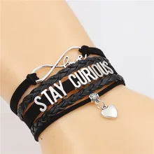 12PCS/Lot STAY CURIOUS Infinity Love Cute Heart Charm Multi-layer Bracelet Handmade Leather Bracelets PUNK Jewelry for Men&Women