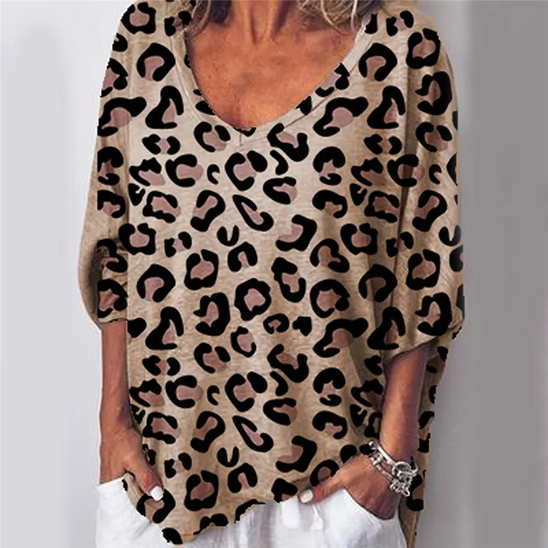 

Women's Casual T Shirt Autumn Tops Streetwear Leopard Print T-Shirts Loose V-Neck Long Sleeve T-Shirt Female Tee Plus Size 2XL