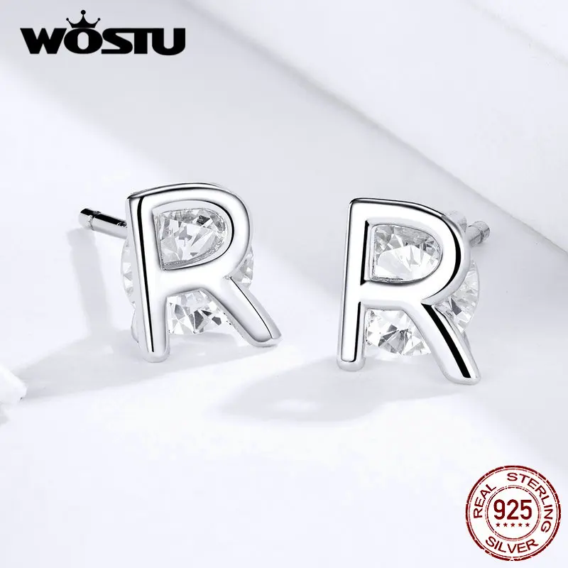 WOSTU реальные 925 пробы серебро A-Z Алфавит Стад Серьги с простым дизайном буквы CZ серьги для Для женщин новые ювелирные изделия