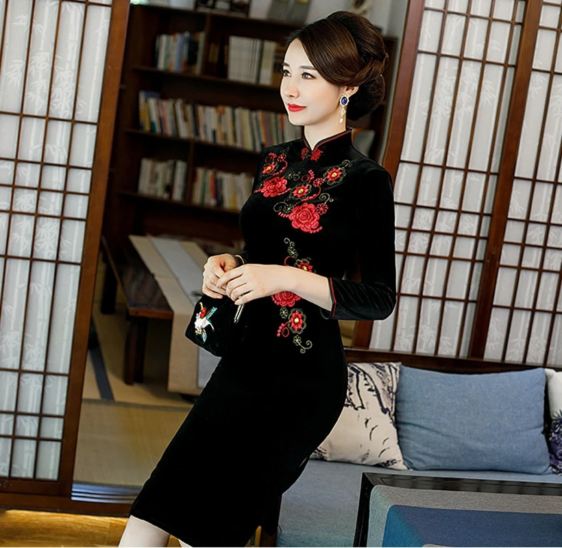 Традиционное платье Чонсам осень зима cheongsam Женский Большой размер cheongsam мать загружен Золотой Бархат модифицированный cheongsam платье