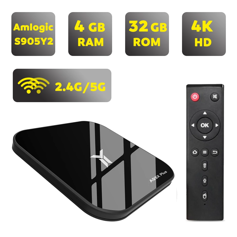

A95X Plus Android 8.1 TV Box 4GB DDR4 32GB Amlogic S905 Y2 ROM 4K HD BT4.2 2.4G/5G Wifi USB3.0 Smart Media Player Set Top Box