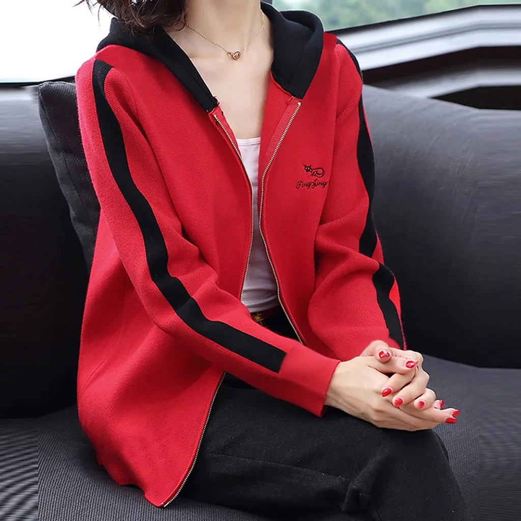 Красный KANCOOLD coats Fashion Women Cardigan Coat Letter Printing Hooded Long Sleeve Blouse Sport new coats and jackets women 2019Oct10 - Цвет: Красный