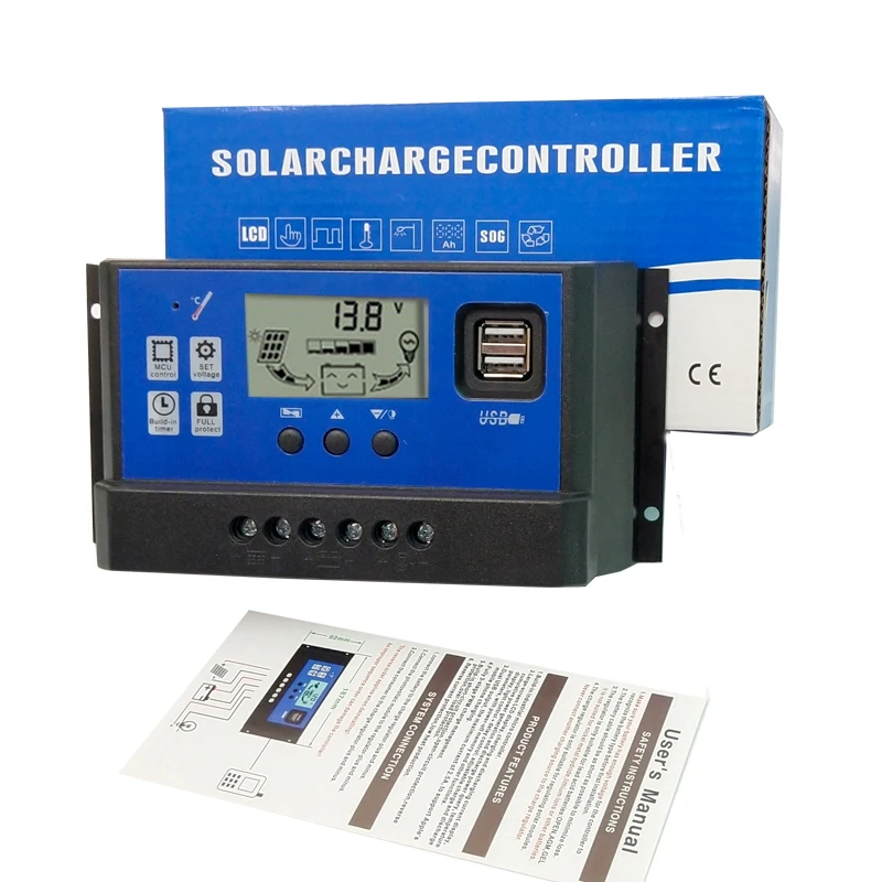 

PWM 60A 50A 40A 30A 20A 10A Solar Regulators dc 12V 24V Auto Solar Panel Battery Charger Controllers with LCD Display and 5V USB