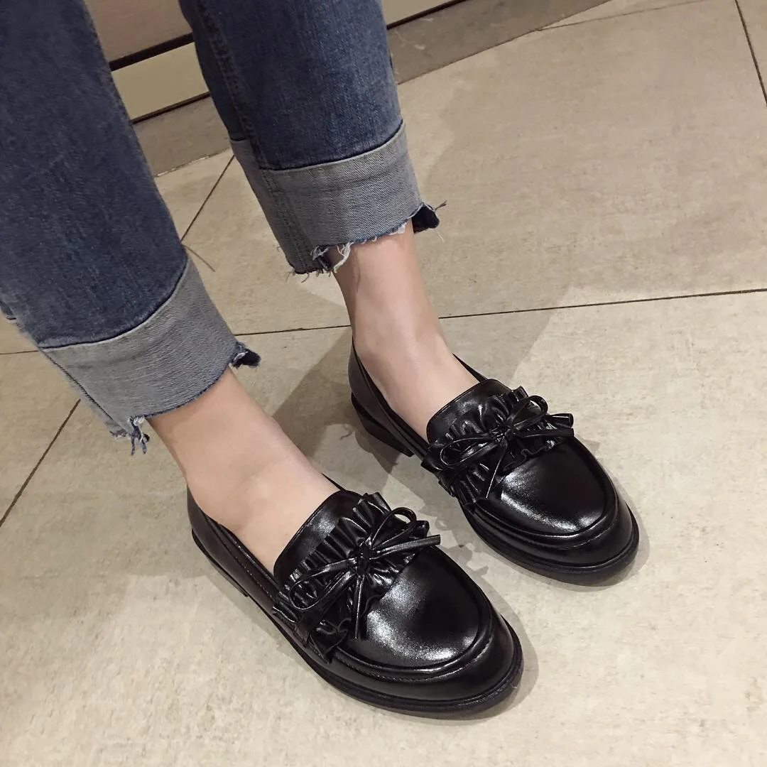 

2020 Early Spring WOMEN'S Shoes Thick Bottomed Women's round-Toe Tassels Loafers Sleeve Flat Top Shoes Harajuku Small Leather Sh