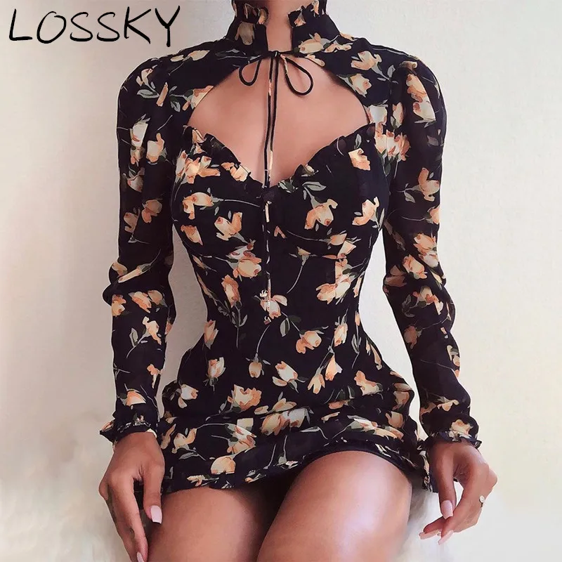 

2019 Floral Print Low Chest Autumn Mini Sexy Party Dress Turtleneck Tie Neck Lace Up Slim Autumn Summer Elegant Bodycon Sundress