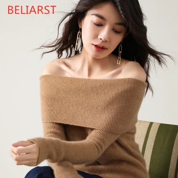 

Fashion Off-the-shoulder Pure Cashmere Sweater Woman Word Collar Pullover Sweater Autumn and Winter New slim Bottoming Sweater