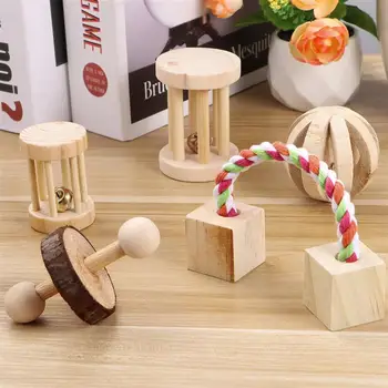 

5PCS Wooden Hamster Chew Toys Teeth Care Natural Molar Ball Exercise Playing Bell Roller Toy for Bunny Rabbits Rats Guinea Pig