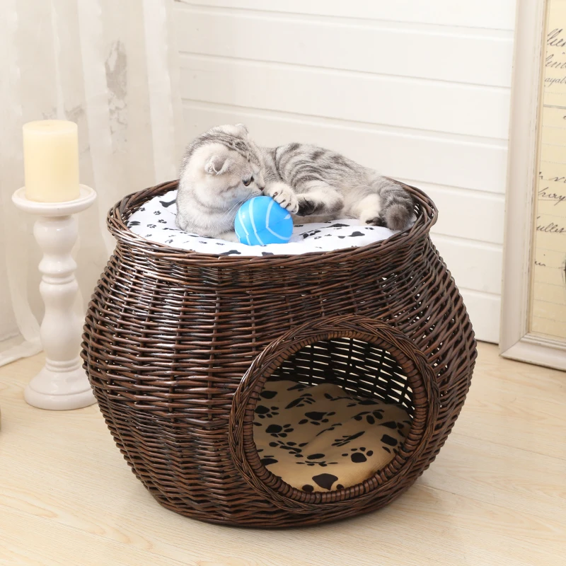 

15% manual Rattan Cat House Natural wicker weaving cat nest cat accessories Durable green with Thick mat for big pet