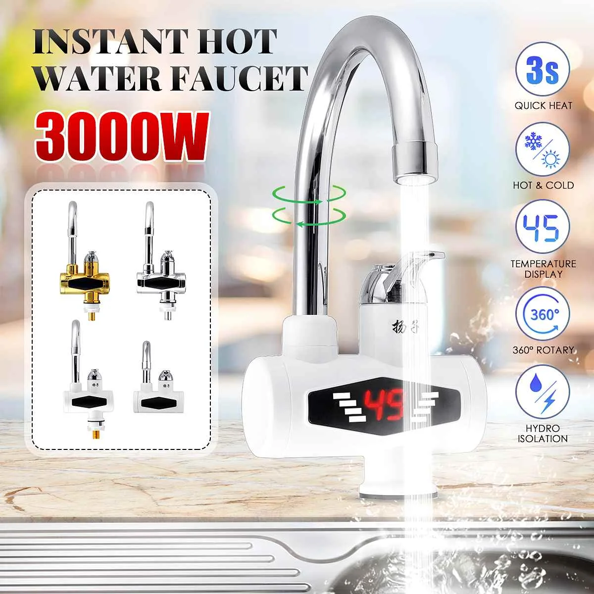 

3000W Electric Kitchen Water Heater Tap Instant Hot Water Faucet Heater Cold Heating Faucet Tankless Instantaneous Water Heater