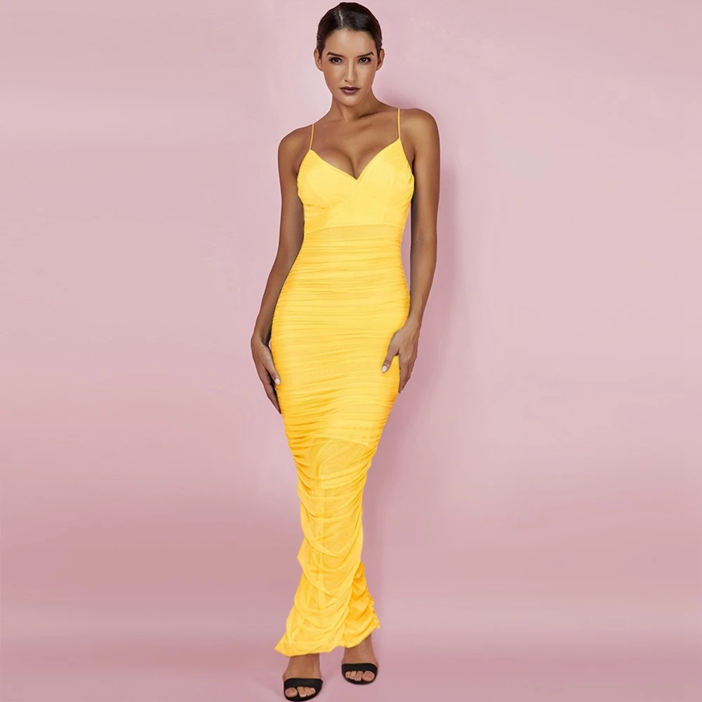 Ocstrade желтый Strapy без рукавов макси с Боковым Разрезом Bodycon платье HI1062-Yellow