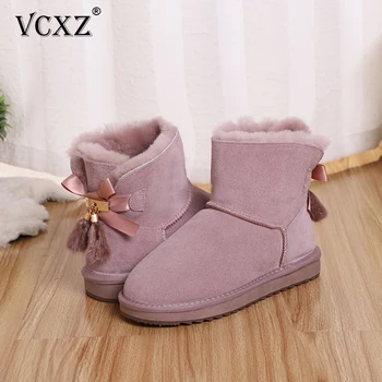 

VCXZ new classic women winter warm boot Cowhide leather wool fur lined and bowknots tassels high quality fashion girl snow Boots