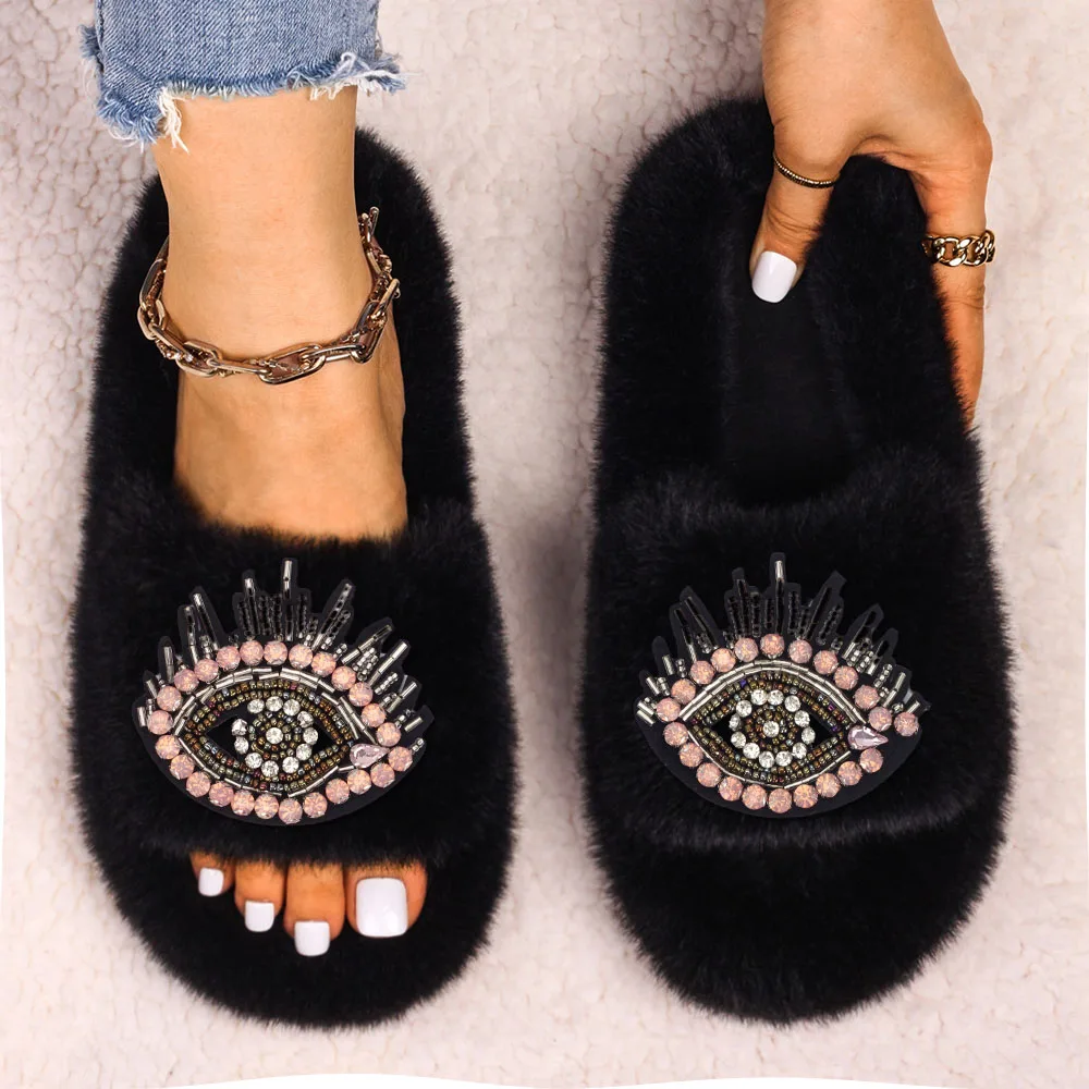 Women's Slippers Fluffy Flip Flop Bead Eye Decor Furry Slides Luxury Designer Slippers Flat Faux Fur Sandals Cute Platform Shoes