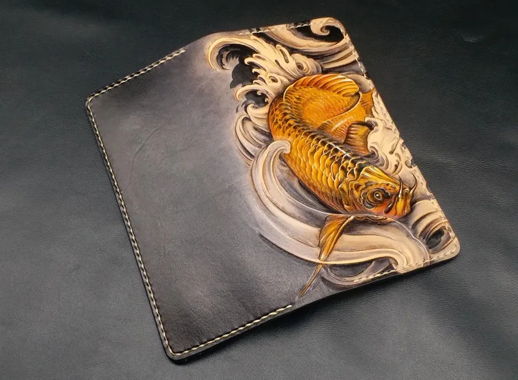 Кошельки ручной работы с резьбой, кошельки Arowana, женские и мужские, длинный клатч, растительного дубления, кожаный кошелек, держатель для карт