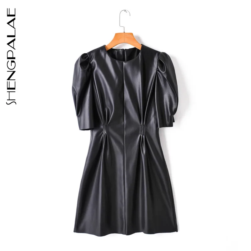 Женское облегающее платье из ПУ кожи с круглым вырезом и пышными рукавами|Платья|