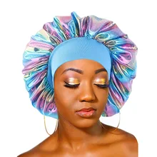 

Large Wide-Brimmed Muslim Sleep Cap For Women Laser Colored Sleeping Hat Headwear Long Hair Care Head Wrap Hair Styling Tools