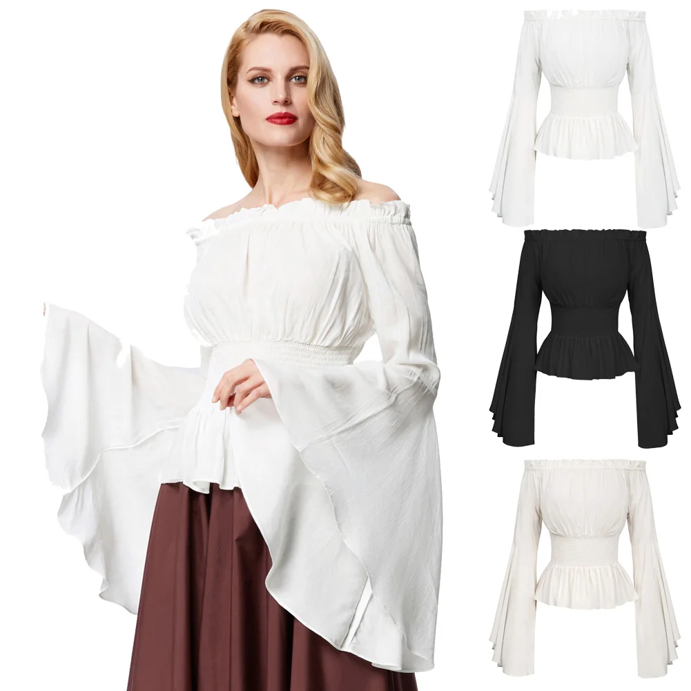 

BP Women Gothic Retro Vintage Medieval Renaissance Shirt Victorian Chemise Bell Sleeves off shoulder Blouse