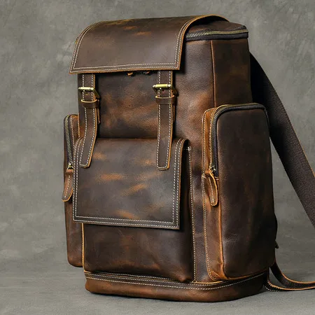 as the picture show Retro Crazy Horse Leather Men's Backpack male computer bag Large Capacity 15.6 inch laptop bags genuine leather Travel Backpacks - Цвет: as the picture show