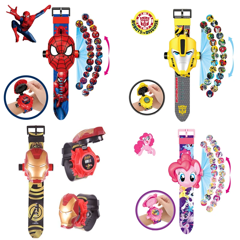 Детские 3D проекционные часы, 11 проекционных мультипликационных моделей, Человек-паук, Железный человек, цифровые наручные часы, подарки для детей