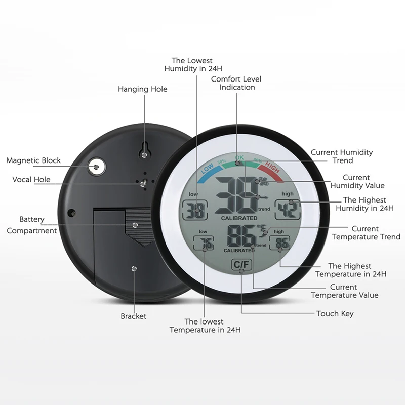 BMBY-LCD Digital Thermometer Indoor Hygrometer Touch Screen Round Alarm Clock Meter