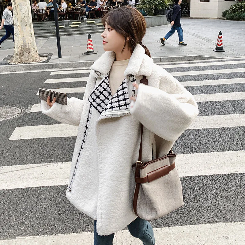 

Photo Shoot Graceful Plaid Stitching Lambs Wool Coat Women's Short 2020 New Style Autumn And Winter Loose-Fit Versatile Cotton C
