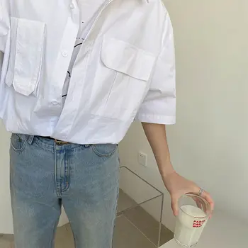 

2020 Summer New Youth Popular Loose Solid Color Chest Pocket Five-point Sleeve Shirt Fashion Casual Single-breasted Shirt White