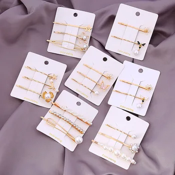 

New Arrival Geometric Metal Hairpins Imitiation Pearl Butterfly Bee Hair Clips Set Barrettes Hair Accessories For Girls Women