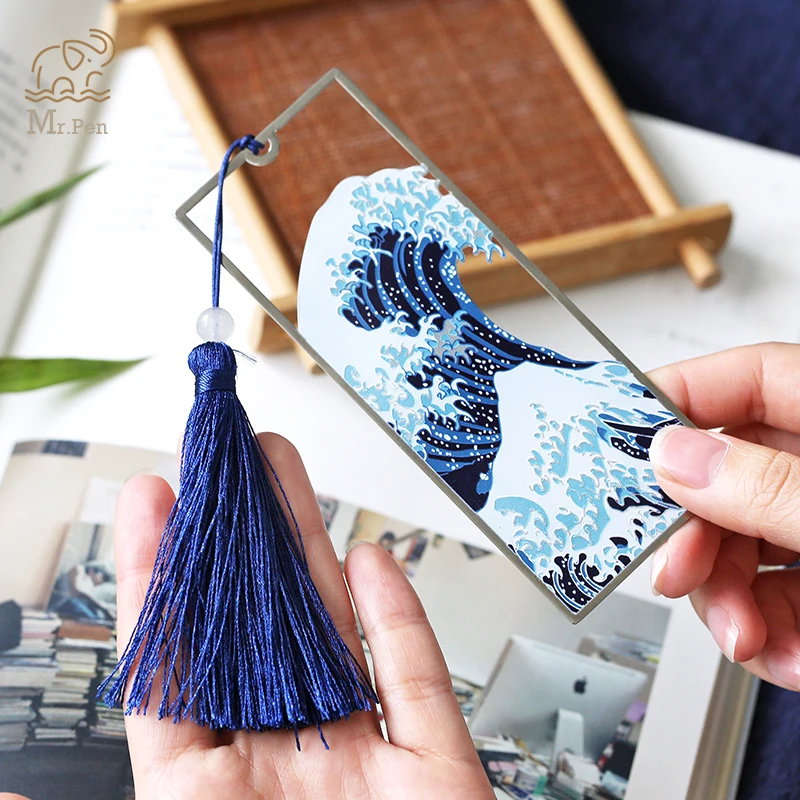 Online Marcapáginas creativas de Metal Vintage Hokusai la gran ola de imágenes de Kanagawa libro con borla larga Mark material de oficina escolar