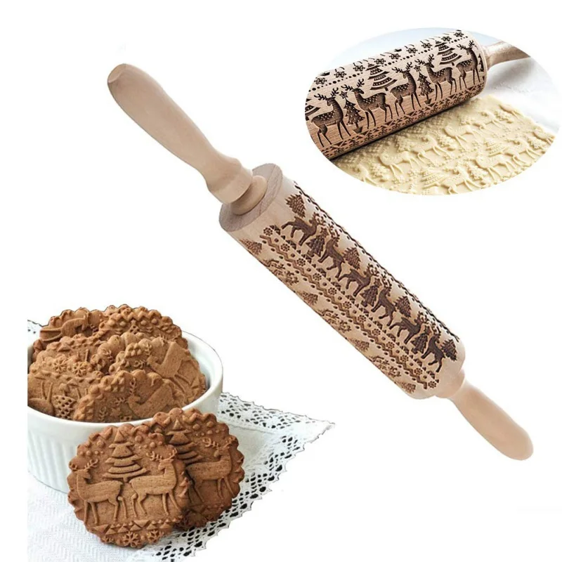 Рождественская деревянная Скалка с гравировкой оленя, декоративное тиснение, Скалка для рукоделия, печенья, креативная форма для торта, помадка, новинка