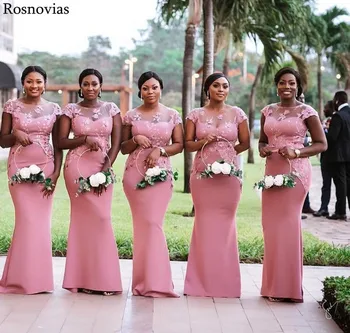 

Arabic Mermaid Bridesmaid Dresses 2020 Sheer Neck Short Sleeves Sweep Train Prom Party Dresses Maid Of Honor Gowns Plus Size