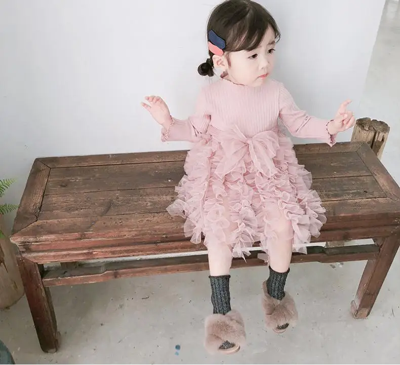 Г. Новое модное милое осеннее платье для маленьких девочек кружевное лоскутное вязаное маленькое детское платье-пачка с длинными рукавами