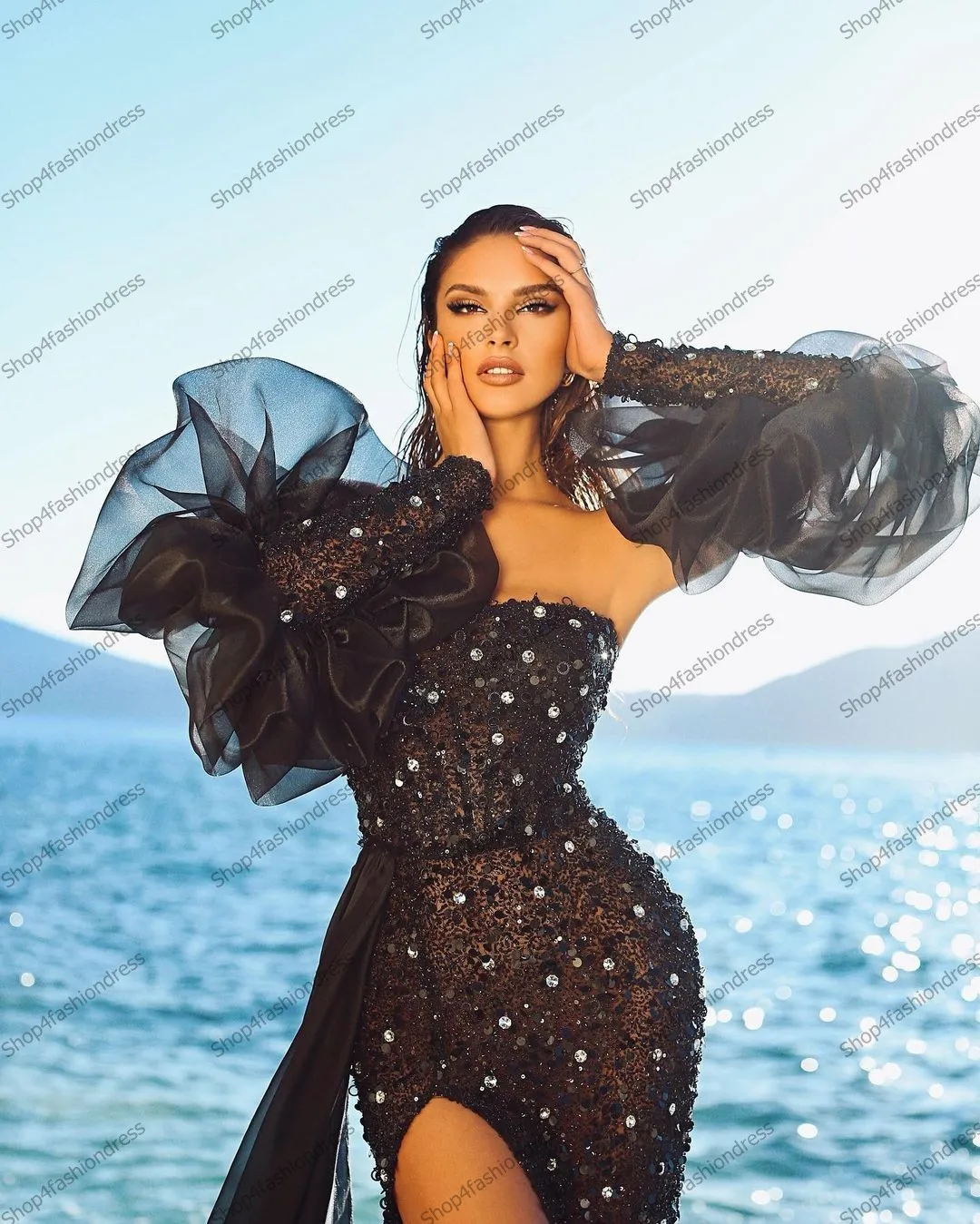 Sexy Black Strapless Side Split Beaded Prom Dresses With Long Sleeves Luxury Crystal Lace Prom Gowns Tulle Train Evenig Dress sage green prom dress