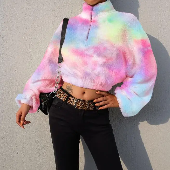

2019 autumn and winter women's new rainbow color fur collar cardigan long-sleeved jacket