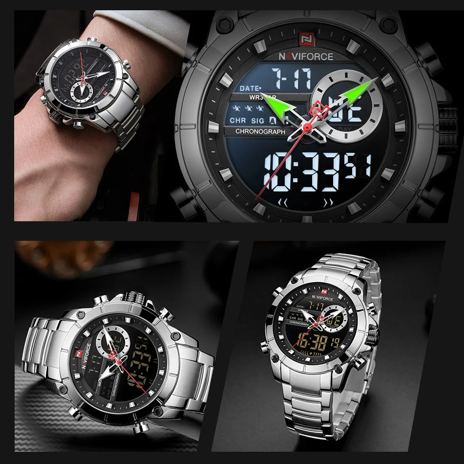 Preise NAVIFORCE Silber Edelstahl Männer Armee Militär Dual Display Quarz Led Uhr Männlichen Wasserdichte Uhren relogio masculino 9163