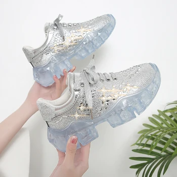 

Girls Crystal Walking Shoes Diamond Bling Brand Dress Shoes Women Lady Sneaker Fitness Shoes Reflective Running Shoes Gym Silver