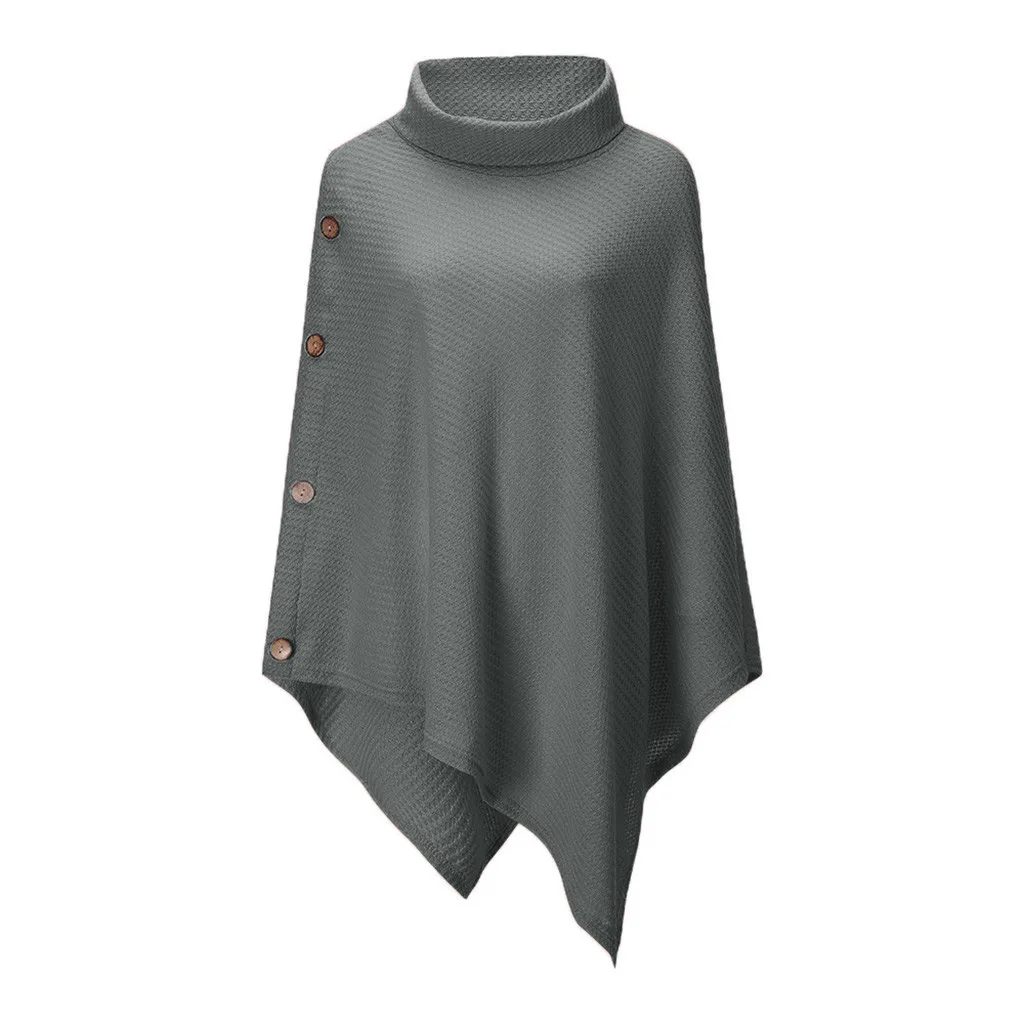 

Jaycosin Women's Knit Turtle Neck Poncho Women Sweaters And Pullovers Pull Femme Button Irregular Hem Pullover Sweaters