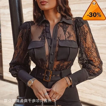 

Detail Mesh Lace Button-Up Blouse Mesh Womens Tops and Blouses